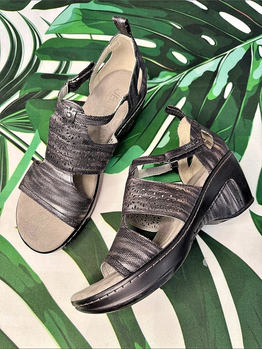 JBU Metallic Wedge Sandals in Black & Gray - Picture 1 of 12